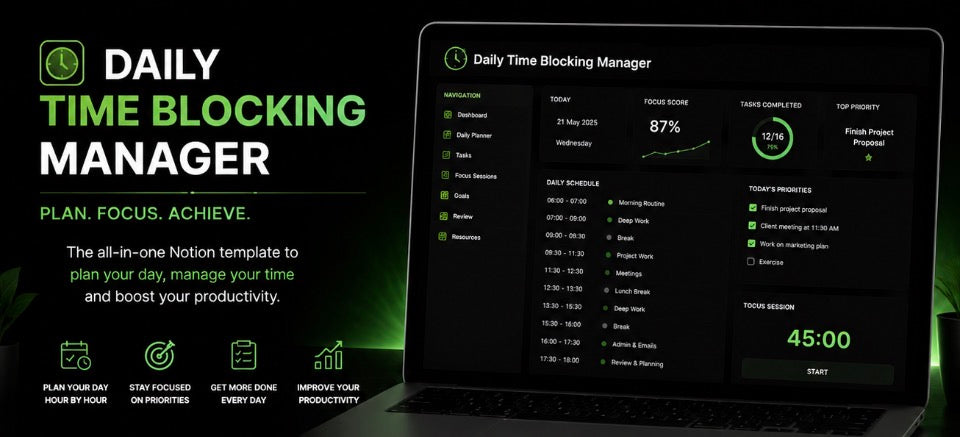 Daily Time Blocking Manager | Premium Notion Time Management Planner